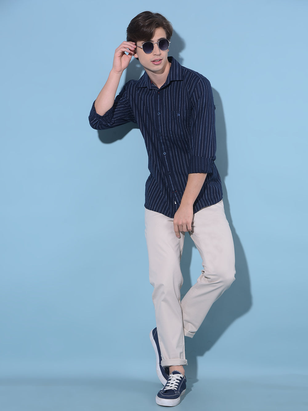 Navy Blue Vertical Striped Cotton Shirt-Men Shirts-Crimsoune Club