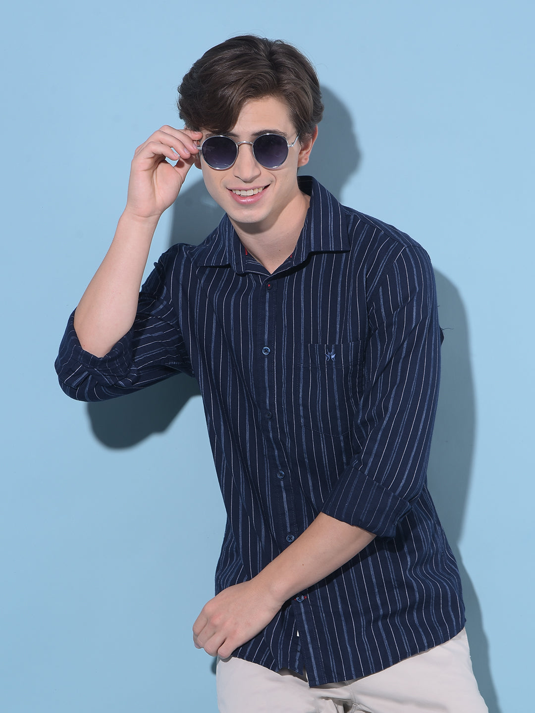 Navy Blue Vertical Striped Cotton Shirt-Men Shirts-Crimsoune Club