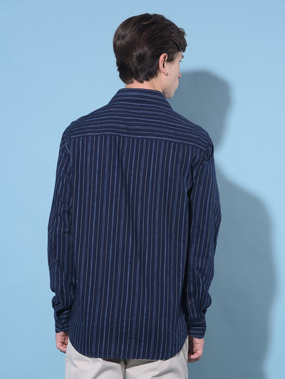 Navy Blue Vertical Striped Cotton Shirt-Men Shirts-Crimsoune Club