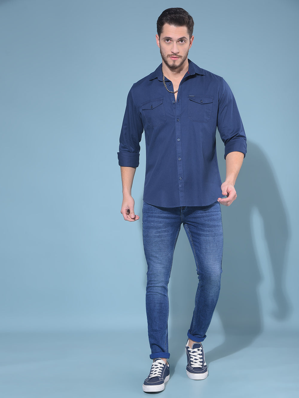 Blue Textured Print Stretchable Jeans-Men Jeans-Crimsoune Club