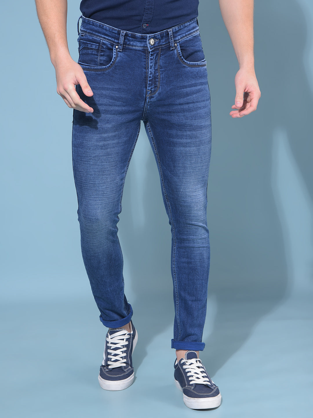 Blue Textured Print Stretchable Jeans-Men Jeans-Crimsoune Club