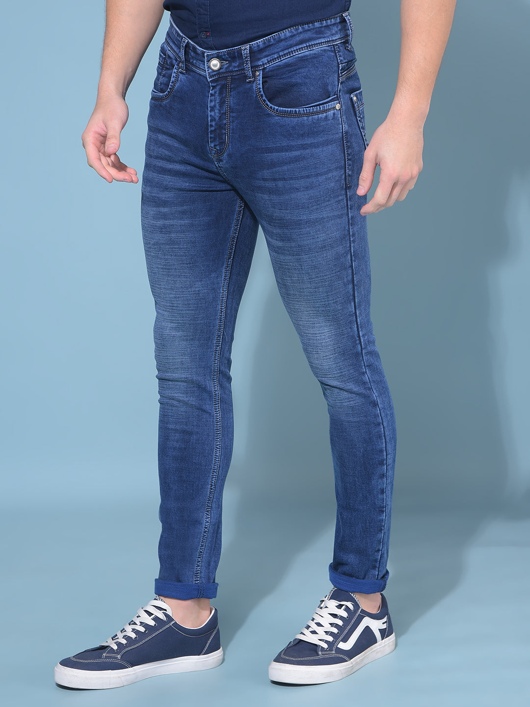 Blue Textured Print Stretchable Jeans-Men Jeans-Crimsoune Club