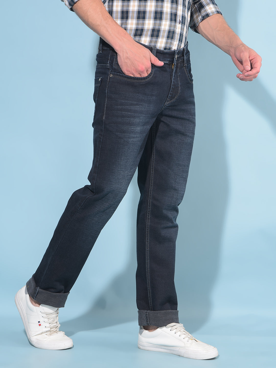 Blue Straight Cotton Jeans-Men Jeans-Crimsoune Club