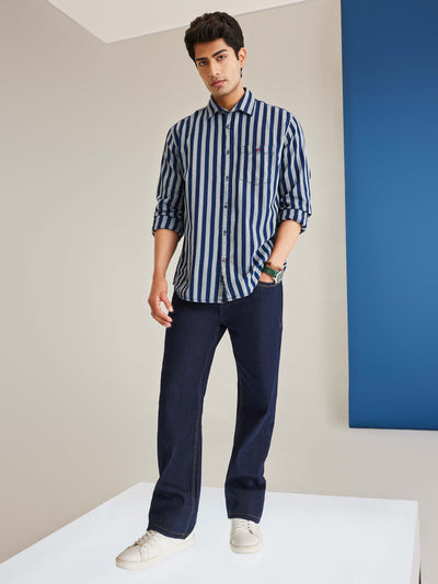 Navy Blue Loose Stretchable Jeans-Men Jeans-Crimsoune Club