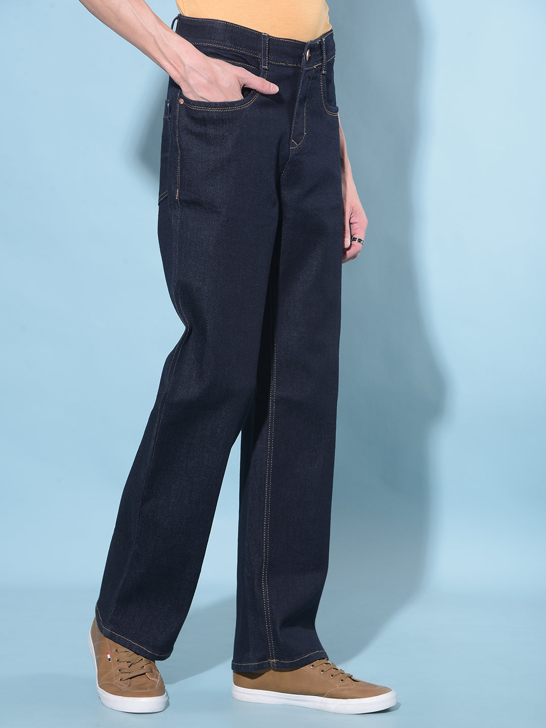 Navy Blue Loose Stretchable Jeans-Men Jeans-Crimsoune Club