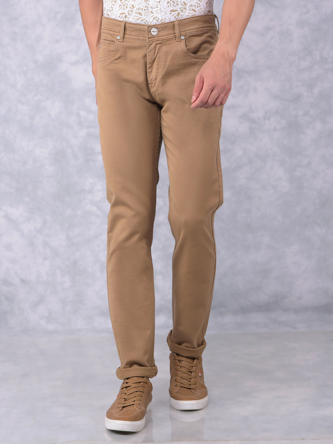 Khaki Stretchable Cotton Jeans-Men Jeans-Crimsoune Club