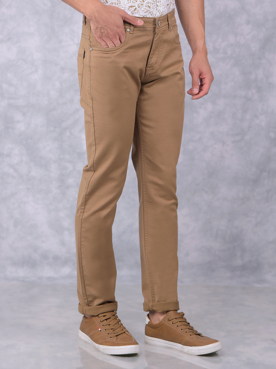 Khaki Stretchable Cotton Jeans-Men Jeans-Crimsoune Club