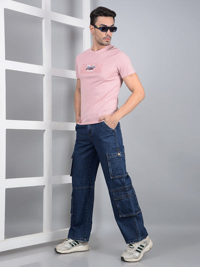 Navy Blue 100% Cotton Baggy Cargo Jeans-Men Jeans-Crimsoune Club