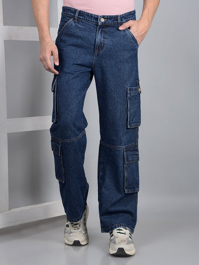 Navy Blue 100% Cotton Baggy Cargo Jeans-Men Jeans-Crimsoune Club