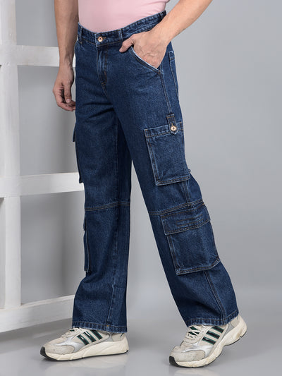 Navy Blue 100% Cotton Baggy Cargo Jeans-Men Jeans-Crimsoune Club