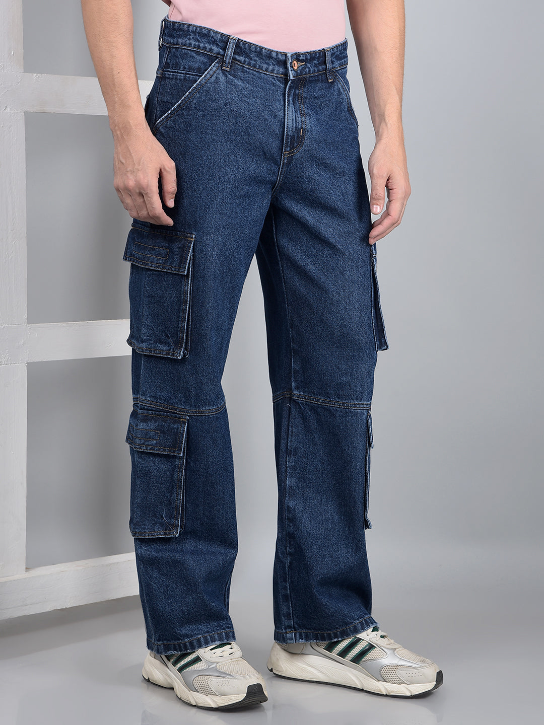 Navy Blue 100% Cotton Baggy Cargo Jeans-Men Jeans-Crimsoune Club