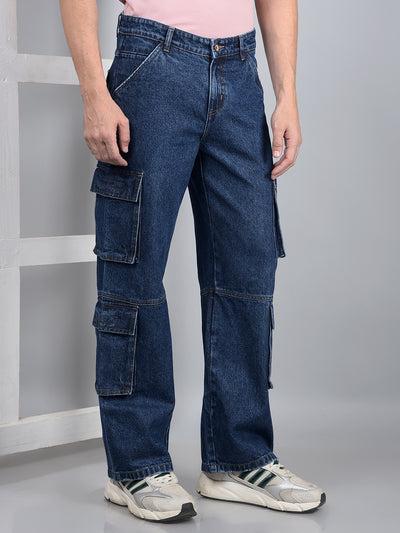 Navy Blue 100% Cotton Baggy Cargo Jeans-Men Jeans-Crimsoune Club