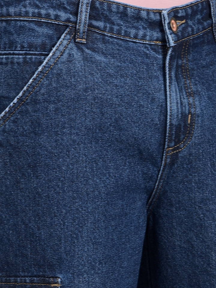 Navy Blue 100% Cotton Baggy Cargo Jeans-Men Jeans-Crimsoune Club
