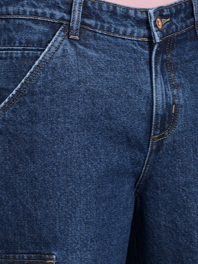 Navy Blue 100% Cotton Baggy Cargo Jeans-Men Jeans-Crimsoune Club