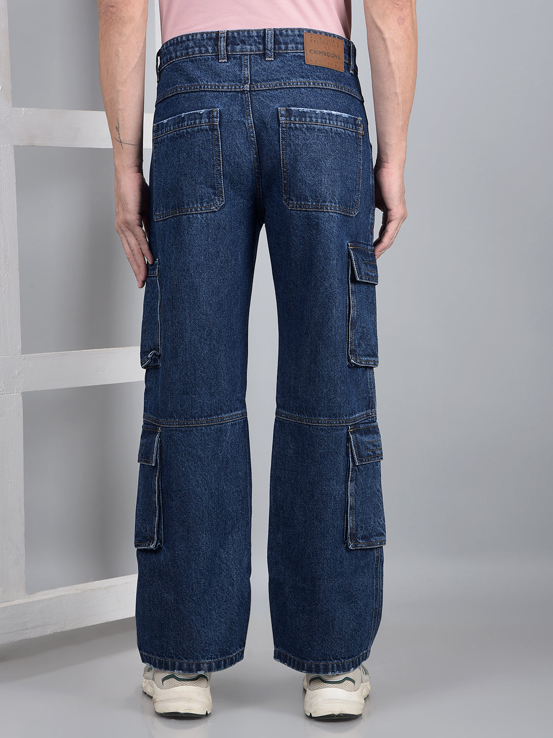 Navy Blue 100% Cotton Baggy Cargo Jeans-Men Jeans-Crimsoune Club