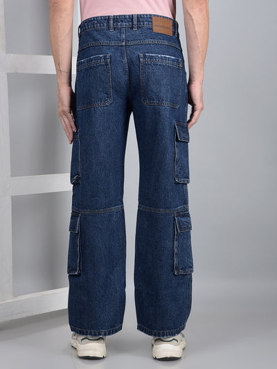 Navy Blue 100% Cotton Baggy Cargo Jeans-Men Jeans-Crimsoune Club