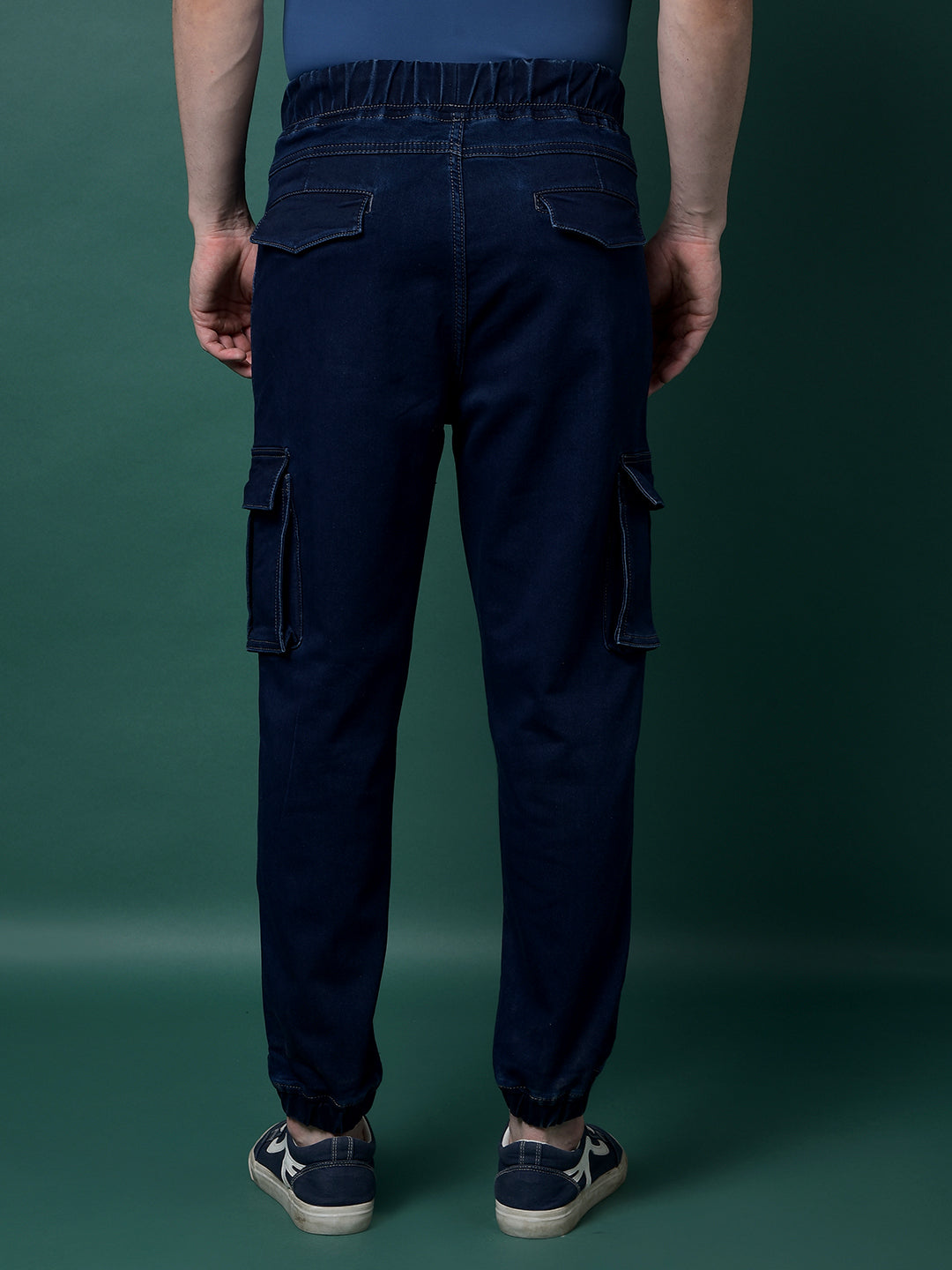Navy Blue Denim Cargo Joggers-Men Jeans-Crimsoune Club