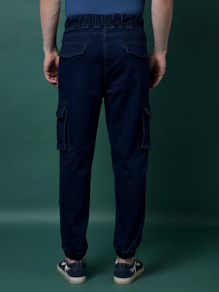 Navy Blue Denim Cargo Joggers-Men Jeans-Crimsoune Club