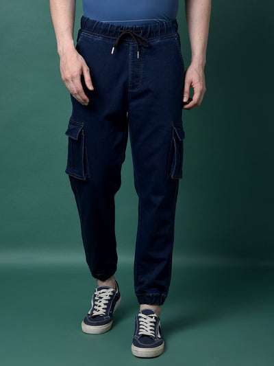 Navy Blue Denim Cargo Joggers-Men Jeans-Crimsoune Club