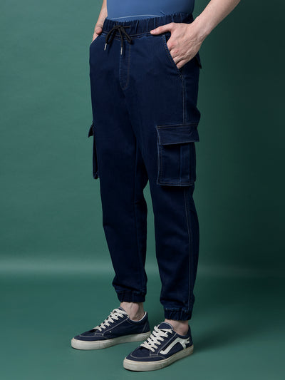 Navy Blue Denim Cargo Joggers-Men Jeans-Crimsoune Club