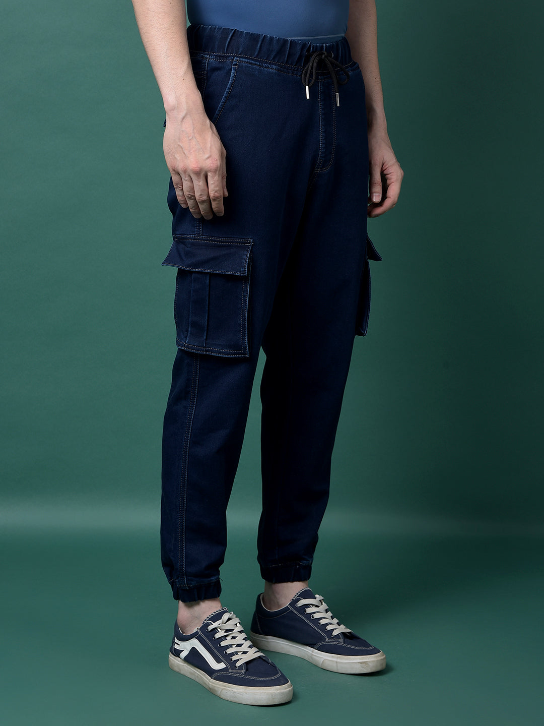 Navy Blue Denim Cargo Joggers-Men Jeans-Crimsoune Club