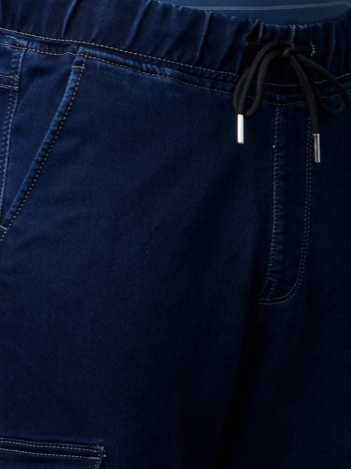 Navy Blue Denim Cargo Joggers-Men Jeans-Crimsoune Club