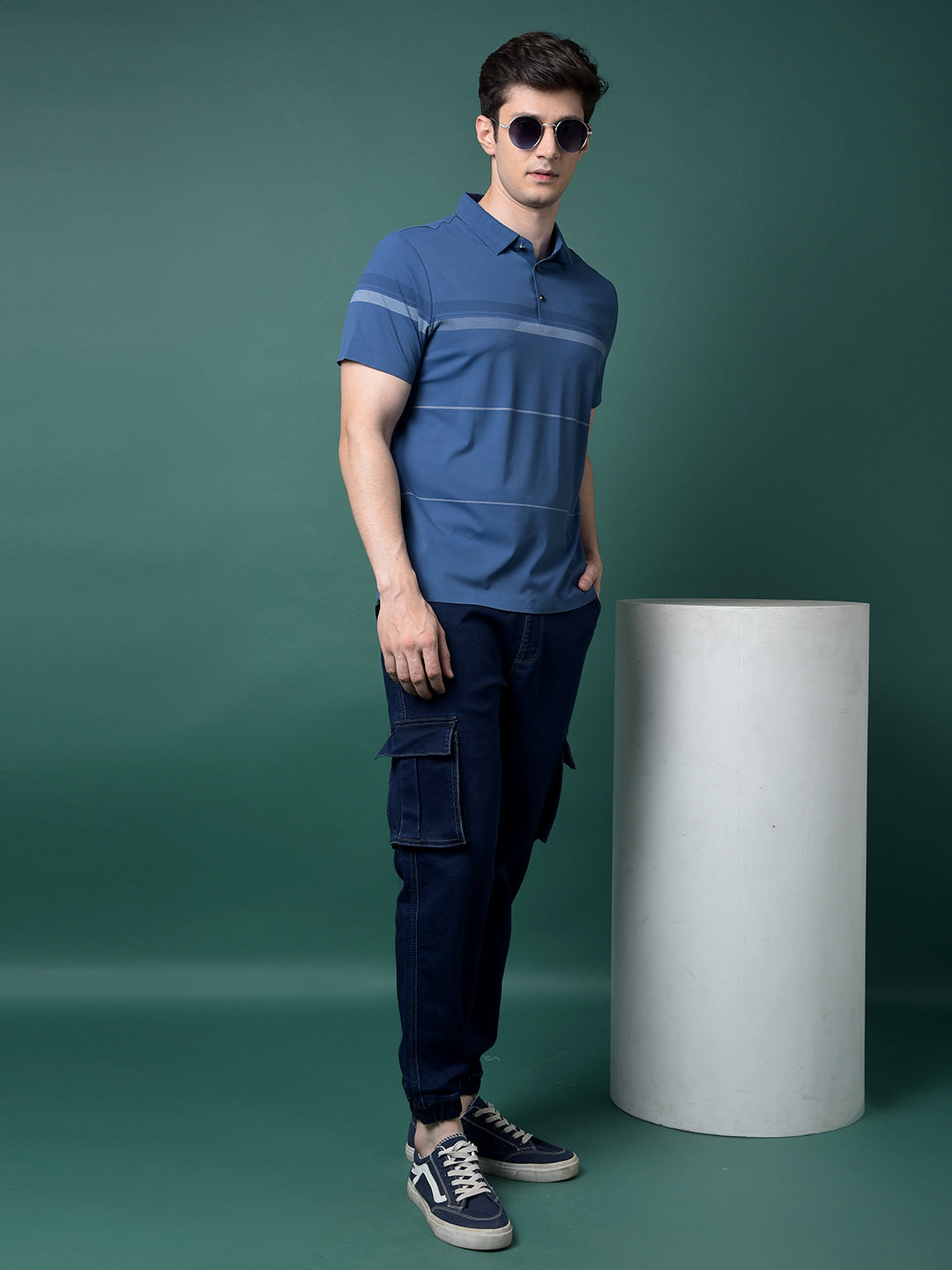 Navy Blue Denim Cargo Joggers-Men Jeans-Crimsoune Club