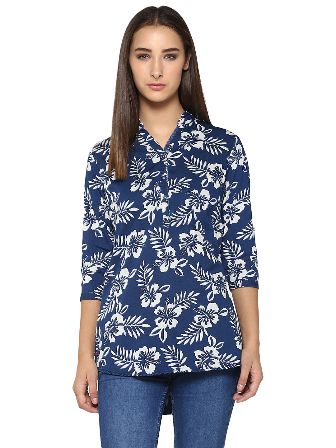 Navy Blue Floral Printed Tops-Women Tops-Crimsoune Club