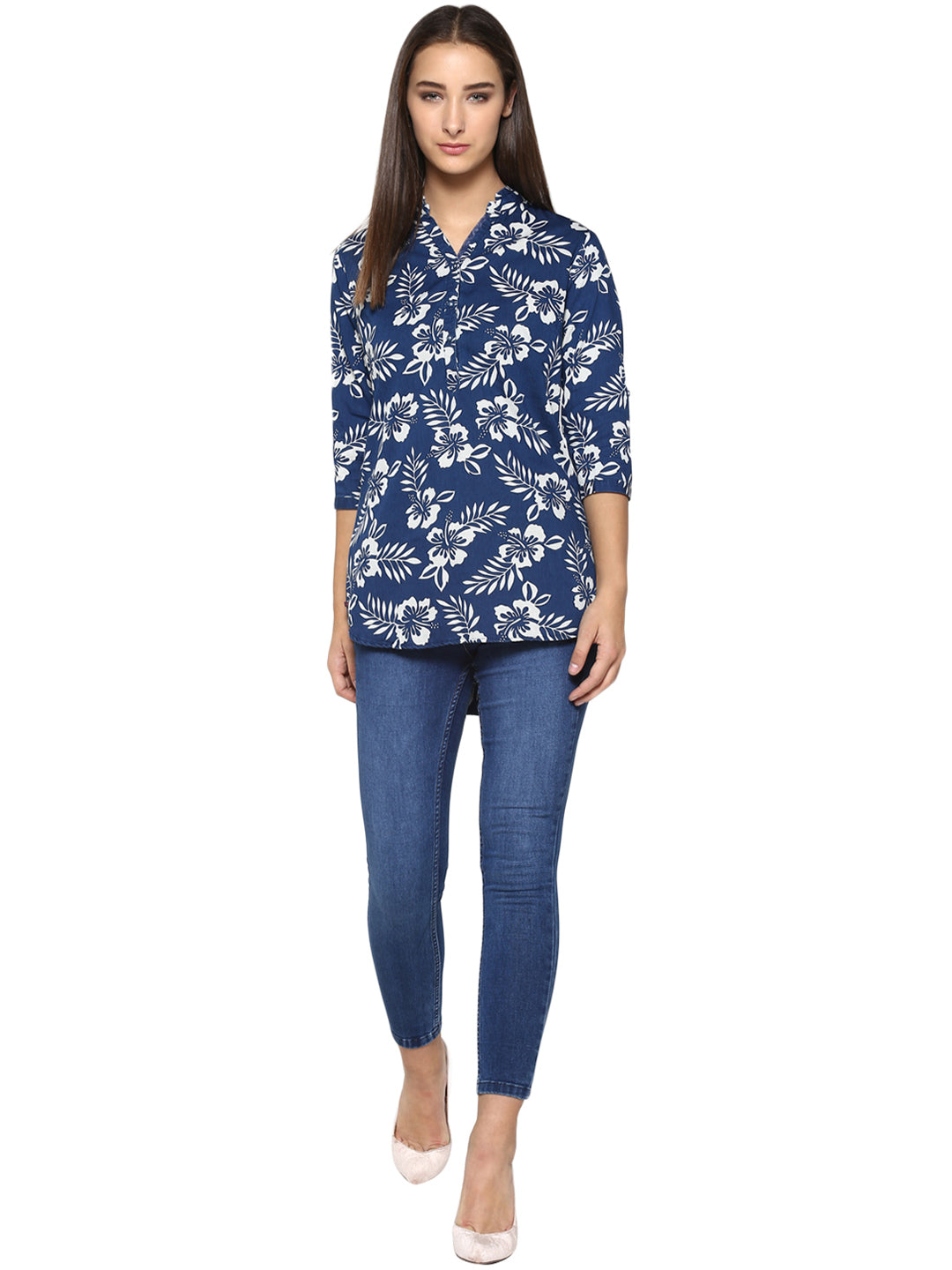 Navy Blue Floral Printed Tops-Women Tops-Crimsoune Club