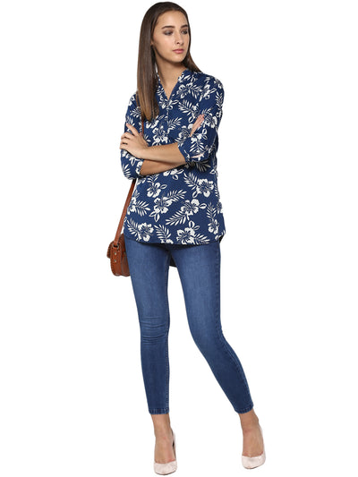 Navy Blue Floral Printed Tops-Women Tops-Crimsoune Club