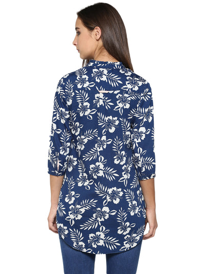 Navy Blue Floral Printed Tops-Women Tops-Crimsoune Club