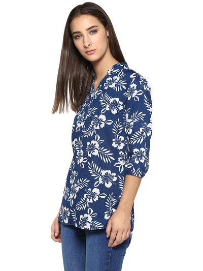 Navy Blue Floral Printed Tops-Women Tops-Crimsoune Club