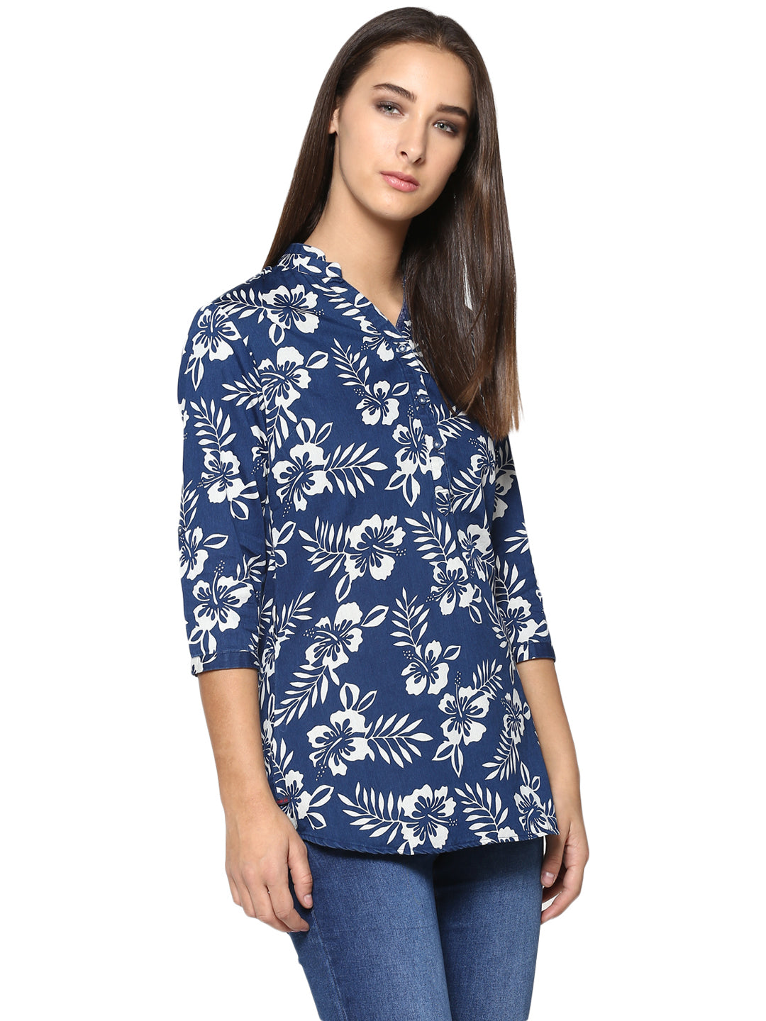 Navy Blue Floral Printed Tops-Women Tops-Crimsoune Club