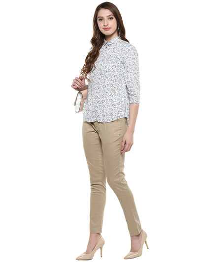 White Floral Printed Shirt-Women Shirts-Crimsoune Club