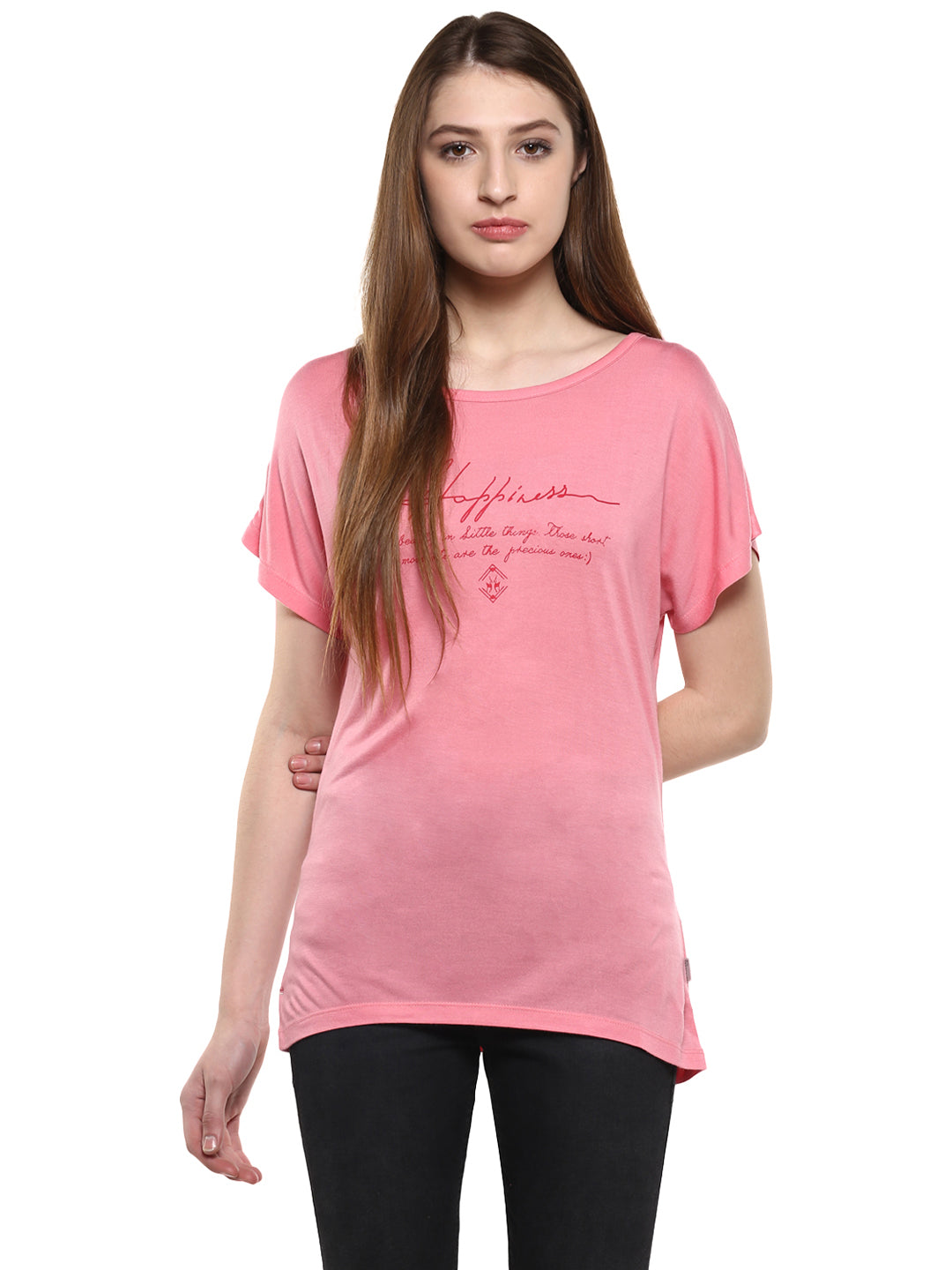 Pink Printed Round Neck T-Shirt-Women T-Shirts-Crimsoune Club