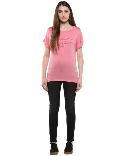 Pink Printed Round Neck T-Shirt-Women T-Shirts-Crimsoune Club