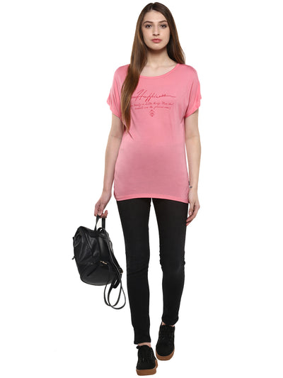 Pink Printed Round Neck T-Shirt-Women T-Shirts-Crimsoune Club