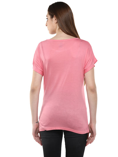 Pink Printed Round Neck T-Shirt-Women T-Shirts-Crimsoune Club