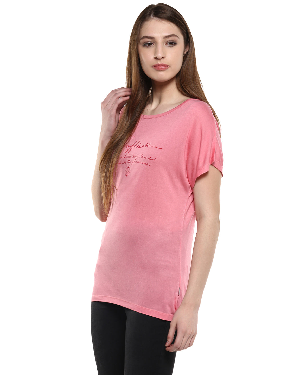 Pink Printed Round Neck T-Shirt-Women T-Shirts-Crimsoune Club