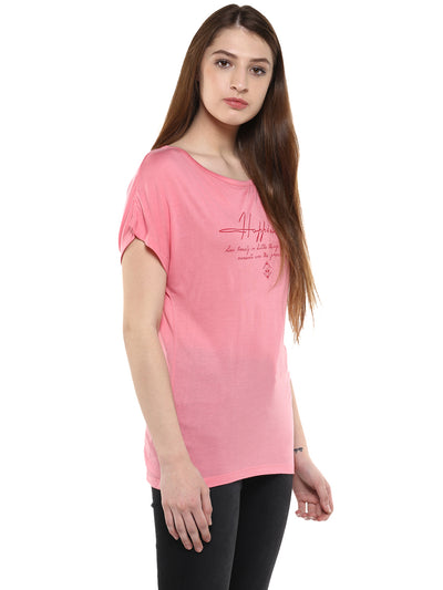 Pink Printed Round Neck T-Shirt-Women T-Shirts-Crimsoune Club