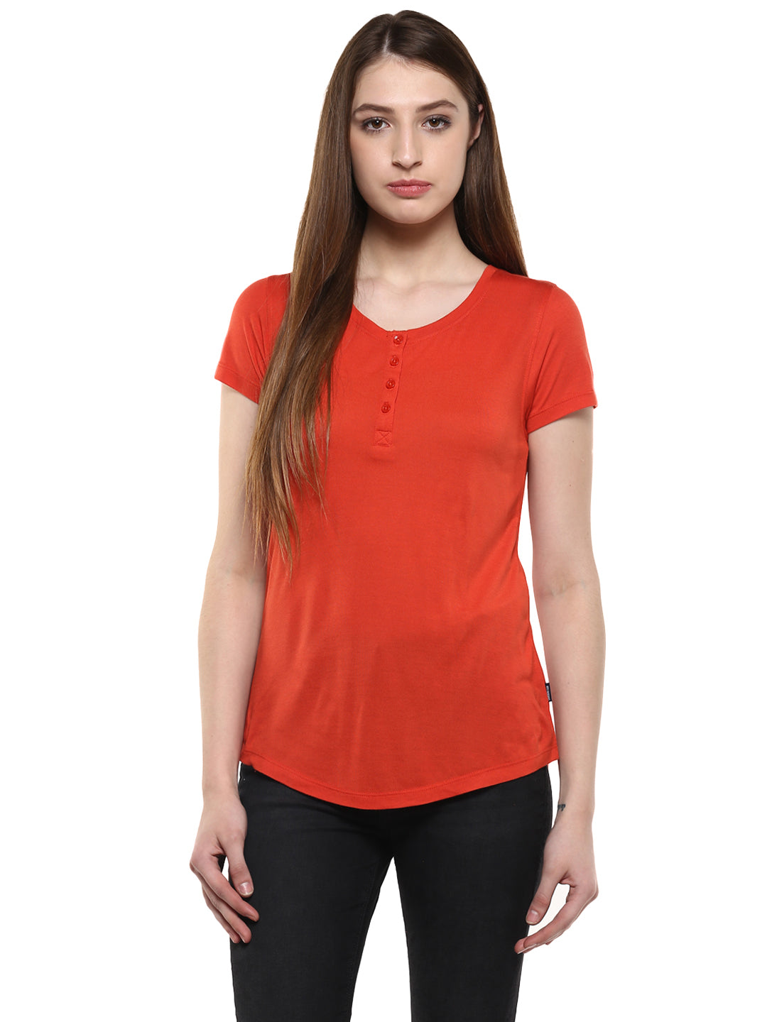 Orange Solid Henley Neck T-Shirt-Women T-Shirts-Crimsoune Club