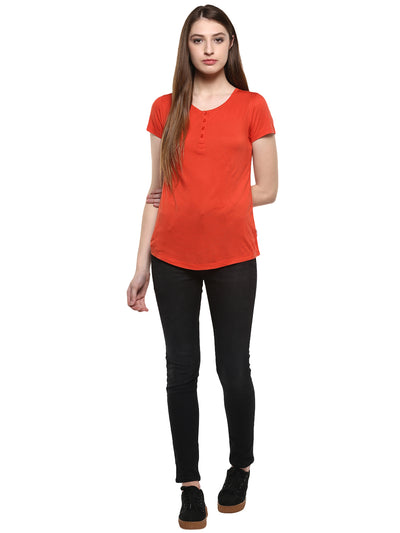 Orange Solid Henley Neck T-Shirt-Women T-Shirts-Crimsoune Club