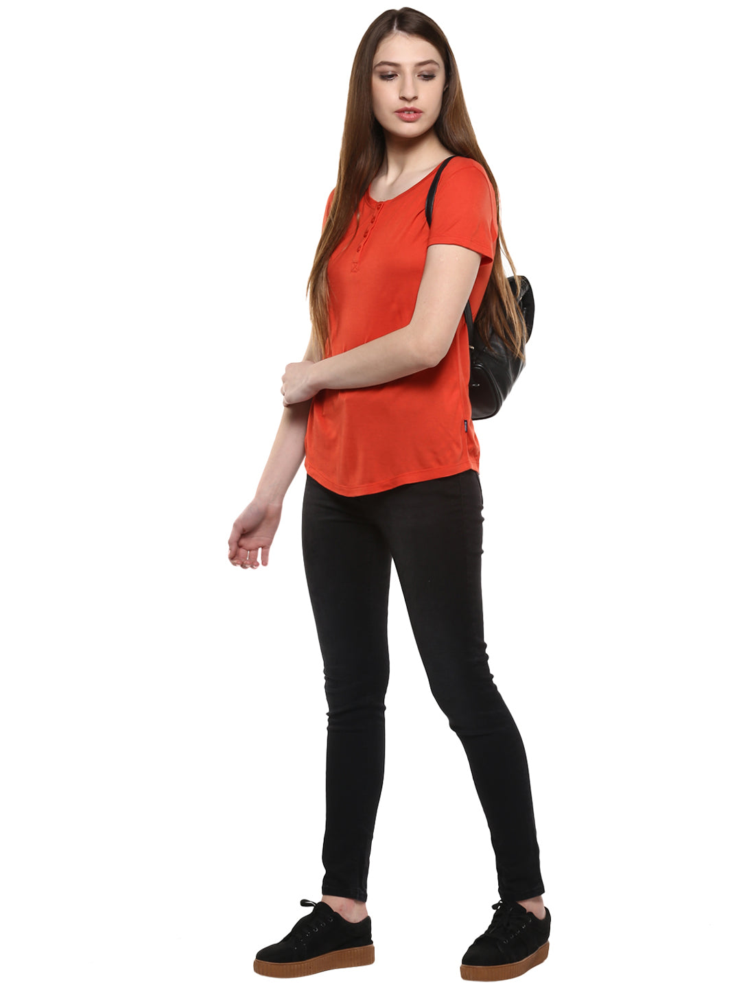 Orange Solid Henley Neck T-Shirt-Women T-Shirts-Crimsoune Club