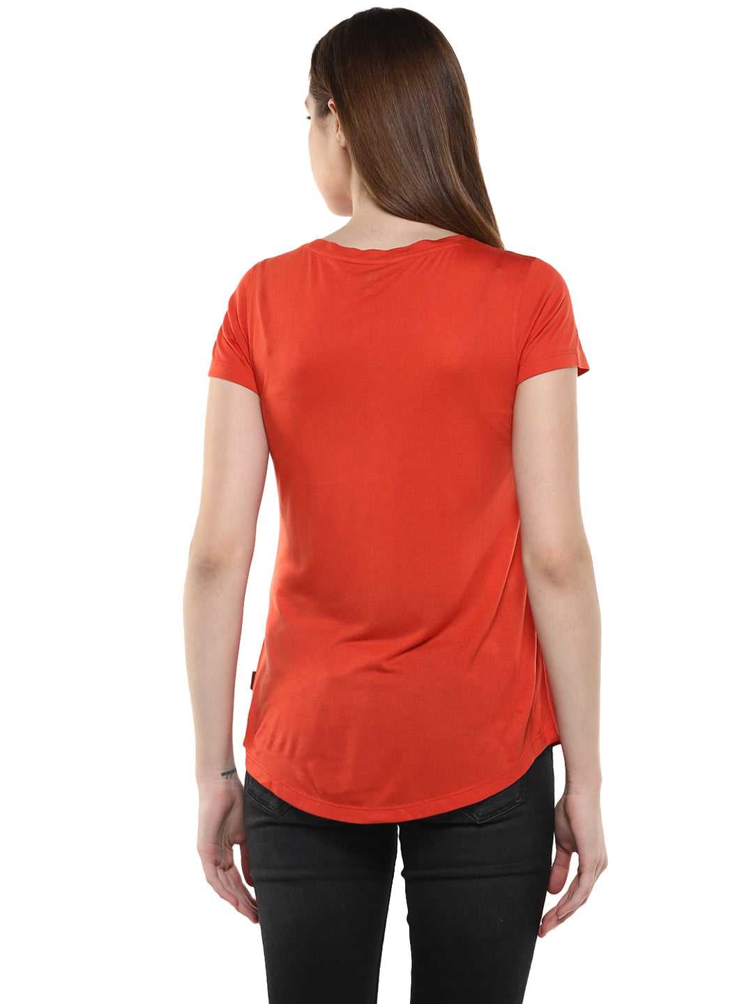 Orange Solid Henley Neck T-Shirt-Women T-Shirts-Crimsoune Club