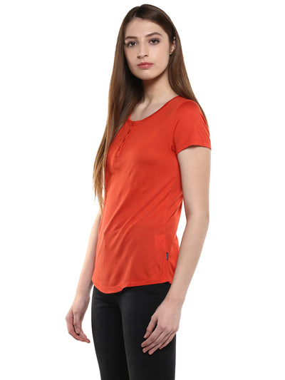 Orange Solid Henley Neck T-Shirt-Women T-Shirts-Crimsoune Club