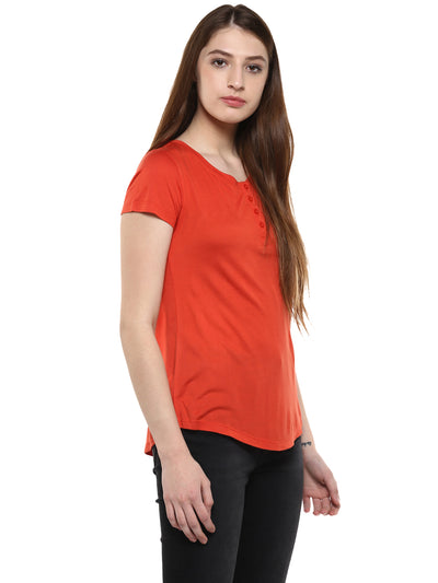 Orange Solid Henley Neck T-Shirt-Women T-Shirts-Crimsoune Club
