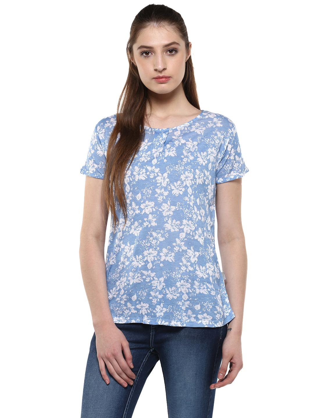 Blue Floral Printed Round Neck T-Shirt-Women T-Shirts-Crimsoune Club