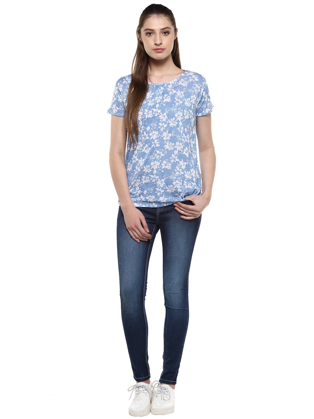 Blue Floral Printed Round Neck T-Shirt-Women T-Shirts-Crimsoune Club