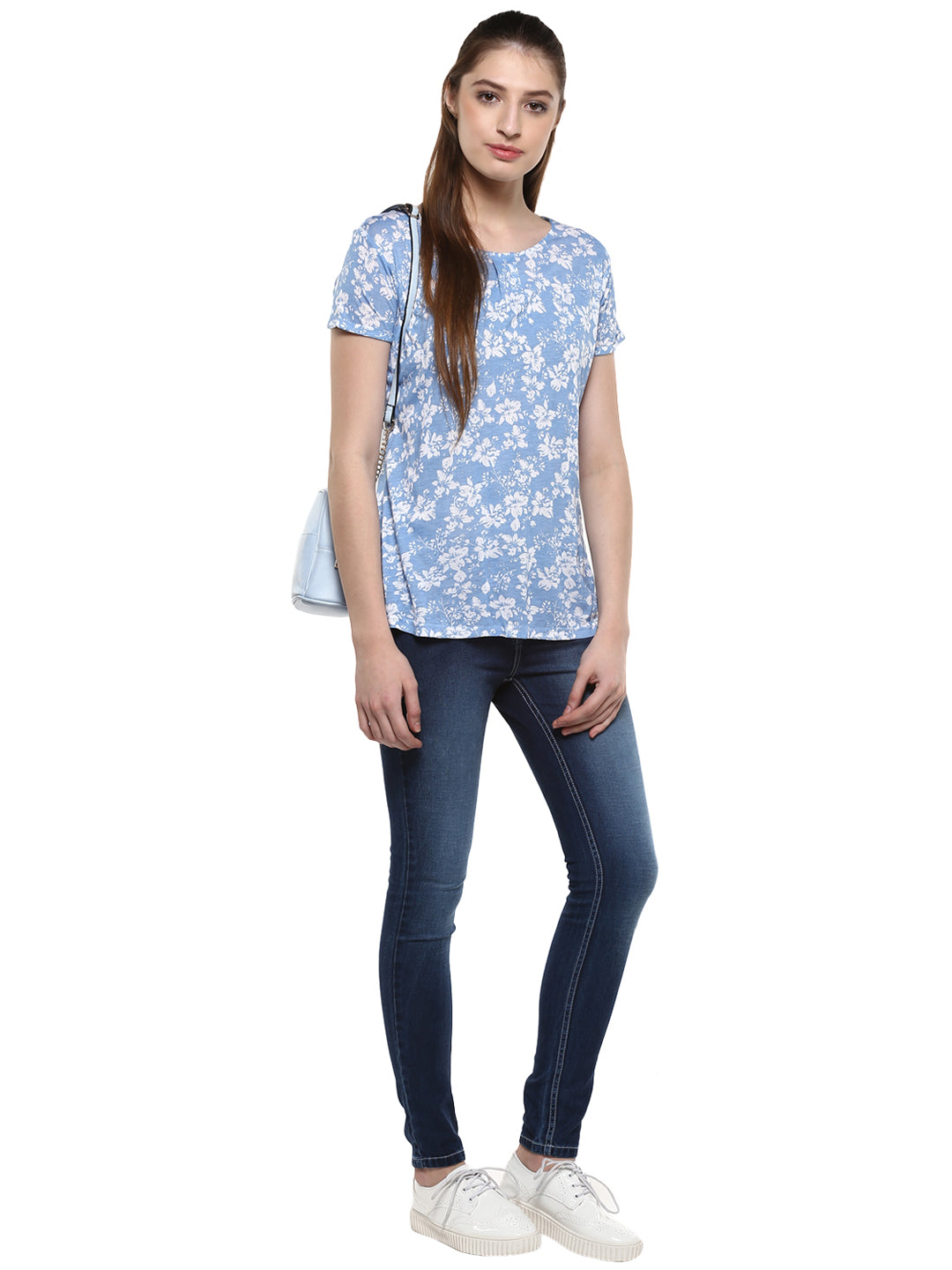 Blue Floral Printed Round Neck T-Shirt-Women T-Shirts-Crimsoune Club