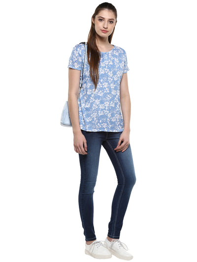 Blue Floral Printed Round Neck T-Shirt-Women T-Shirts-Crimsoune Club